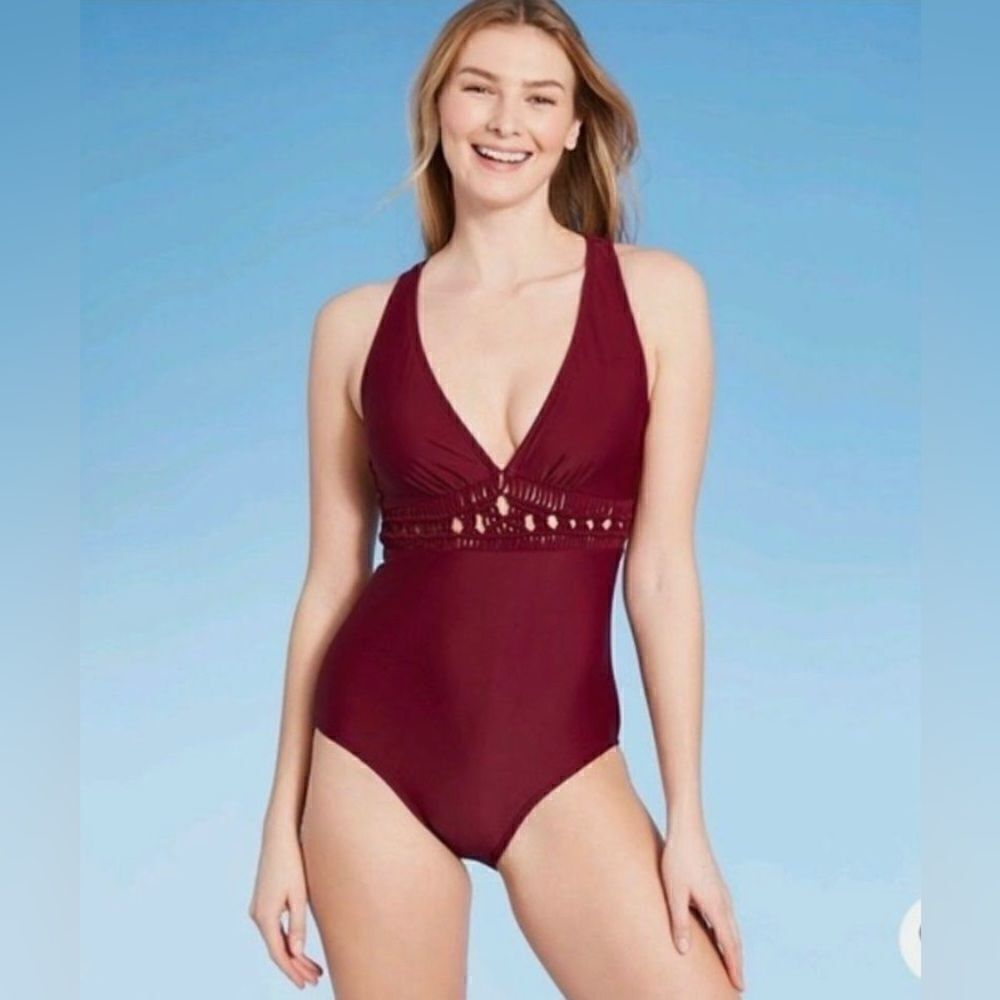 Kona Sol Macrame Burgundy Red Medium Coverage One Piece Swimsuit